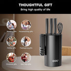 OOU Knife Set with Block and Sharpener, 6 Pcs High Carbon German Steel Kitchen Knife Block Set with Universal Knife Holder, Dishwasher Safe Knife Set for Small Kitchen, Space-Saving, Anti-Rust