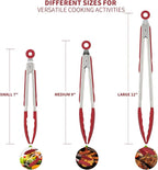 U-Taste Kitchen Tongs, 7/9/12 inches Cooking Tongs, with 600ºF High Heat-Resistant Non-Stick Silicone Tips, 18/8 Stainless Steel Handle, for Food Grill, Salad, BBQ, Frying, Serving, Pack of 3(Red)