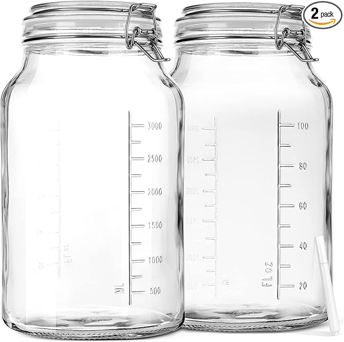 1 Gallon Super Wide Mouth Glass Storage Jars with Airtight Lids and 2 Measurement Marks, Leak Proof Glass Container with Hinged Lids, Large Pickle Jars with Labels and Silicone Gasket, 2 Pack