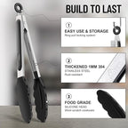 HOTEC Premium Stainless Steel Locking Kitchen Tongs with Silicon Tips, Heat Resistant Cooking Tongs Set of 3-7", 9" and 12" (Black)