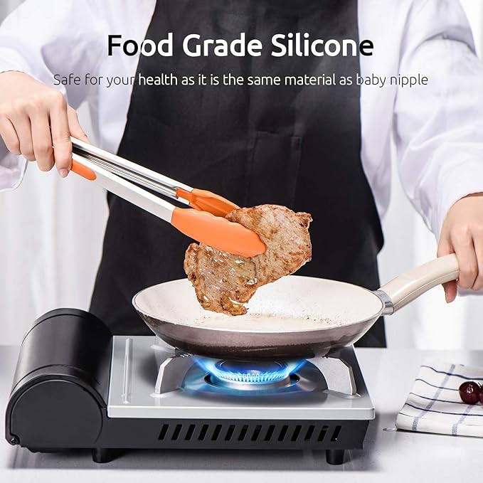 Kitchen Tongs, U-Taste 7/9/12 inches Cooking Tongs, with 600ºF High Heat-Resistant Non-Stick Silicone Tips, 18/8 Stainless Steel Handle, for Food Grill, Salad, BBQ, Frying, Serving, Pack of 3(Orange)