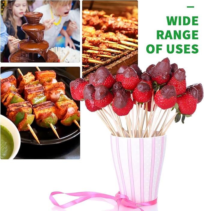 [200 PCS] 8 inch Bamboo Skewers, Premium Wooden Skewers without Splinters, Skewers for Grilling, BBQ, Appetizer, Fruit Kabobs, Chocolate Fountain, Cocktail Toothpicks, and Food Skewer Sticks.