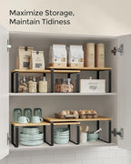 SONGMICS Cabinet Organizer Shelf, Set of 4 Kitchen Counter Shelves, Kitchen Storage, Spice Rack, Stackable, Expandable, Metal and Engineered Wood, Ink Black and Natural Beige UKCS210B01