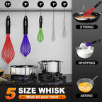 Walfos Silicone Whisks Set, 5pcs Whisk, Non Scratch Coated 7+9+11in Whisks and Mini stainless steel 7+5in Whisk, Suitable for Use in Whisking, Blending, Frothing, Beating & Stirring. (Multicolor)