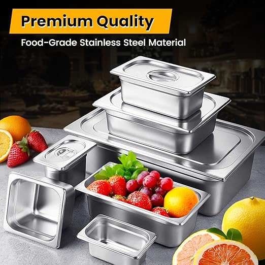 1/4 Hotel Pans 2.5 Inch Deep Stainless Steel Food Pan - Anti-Jam 6 Pack Steam Table Pan Set for Catering, Buffet Use, Kitchen Prep