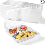 YANGRUI Plastic Containers 8" 34 oz 25 Pack - Reusable Fog Free Crystal Lid Technology | BPA Free PP Freezer & Microwave Safe Shrink-Sealed Takeout Box | White Restaurant 3 Compartment Food Container