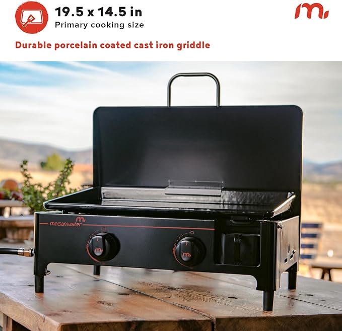 Megamaster 2-Burner Portable Gas Griddle with Built-In Lid, 18,000 BTUs, 282 SQ In Cooking Space, Small Tabletop Propane Griddle for Outdoor Cooking, Camping, BBQs, and Parties - 820-0054D