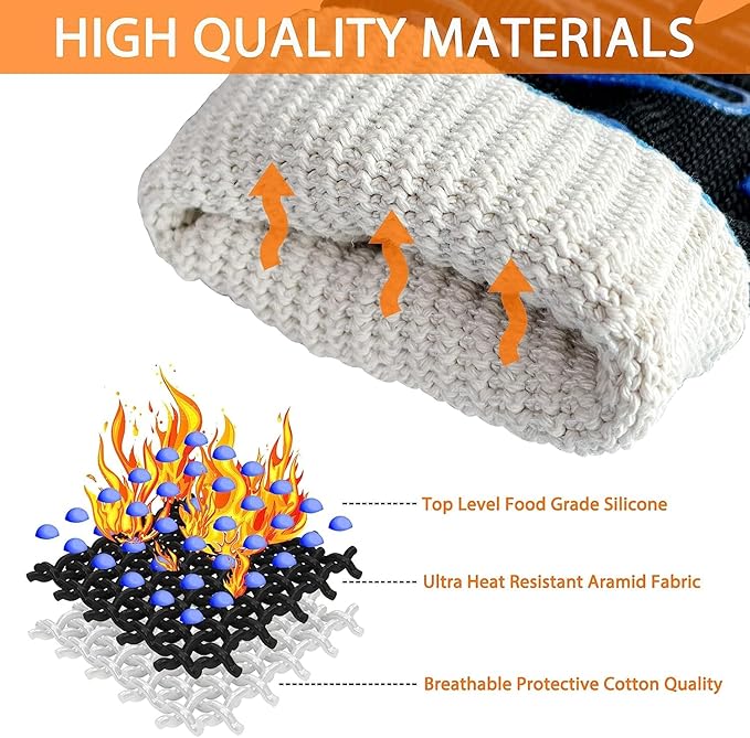1472°F Extreme BBQ Gloves Grill Oven Safety Gloves, Cut Resistant with Non-Slip Silicone for Grilling, Frying, Baking, Fireplace, Cooking (2 Pieces Set) (Orange Strips Long)