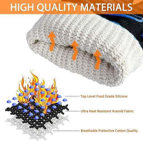 1472°F Extreme BBQ Gloves Grill Oven Safety Gloves, Cut Resistant with Non-Slip Silicone for Grilling, Frying, Baking, Fireplace, Cooking (2 Pieces Set) (Orange Strips Long)