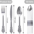 WELLIFE 50 Pack Silver Plastic Silverware, Wrapped Silverware Set Disposable,Plastic Utensils Set Include 50 Forks, 50 Knives, 50 Spoons and 50 Napkins, Disposable Cutlery for Party and Wedding