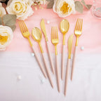 Rubtlamp 90Pcs Gold Plastic Silverware, Thanksgiving Gold Utensils Set With Pink Handles Include 30 Gold Knives, 60Plastic Forks and Spoons, Pink Silverware Heavy Duty For Thanksgiving