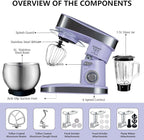 Multifunctional Stand Mixer 6.3Qt 6-Speed Tilt-head, Electric Kitchen Mixer with Stainless Steel Bowl,Meat Grinder, Juice Blender (Purple)