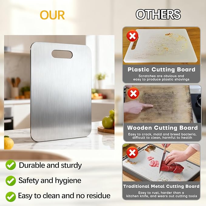 Tavano Titanium Cutting Board,100% Pure Titanium Cutting Boards for Kitchen,2026 New Non Toxic,Double-Sided Food Grade Chopping Board for Meat,Vegetable,Fruit,Outdoor Camping(M+XL-2PC)