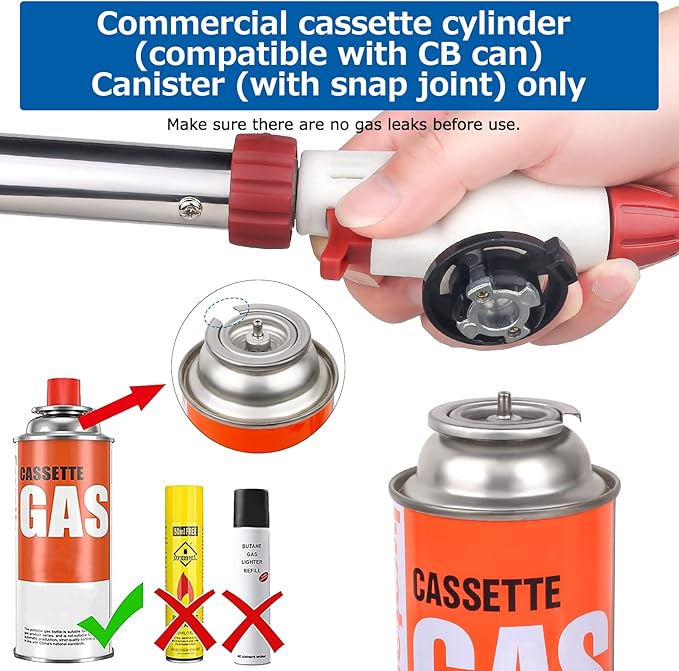 Sondiko Dual Flame Mode Butane Torch Lighter Head, Professional Culinary Torch with Adjustable Flame, Reverse Use for BBQ, Soldering, Red and White, Fuel Not Included.