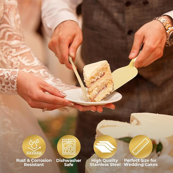 Wedding Cake Cutting Set, Elegant Wedding Cake Knife and Server Set with Thick Stainless Steel Wide Handle, Cake Cutting Set for Wedding Anniversary Christmas, Cake Cutter, 2 Cute Forks and Bows, Gold