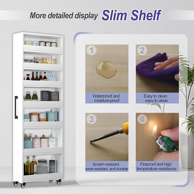 7-Tier Slim Storage Cart, Wooden Rolling Pantry Cabinet with Wheels, Narrow Shelf Organizer for Kitchen, Bakers Rack, Dining Room, Closet, Small Spaces Light Walnut 47.2" H*7.8" W*16.9" D