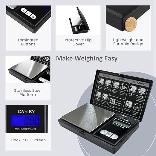 CAMRY Digital Pocket Gram Scale 500g/0.1g, Small Digital Scales Grams Ounces Grains, Herb Scale, Jewelry Scale, Portable Travel Food Scale, LCD Backlight Display with Tare Function