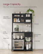 VASAGLE Bakers Rack with Charging Station, Coffee Bar with Adjustable Storage Shelves, Fabric Drawer, 12 Hooks, 15.7 x 39.4 x 71 Inches, Kitchen Microwave Stand, Charcoal Gray and Ink Black UKKS027B01
