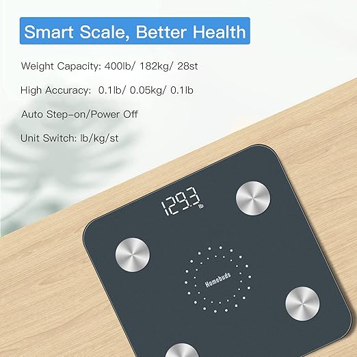 Homebuds Digital Bathroom Scale for Body Weight and Fat, Weighing Professional Since 2001, Body Composition Monitor for BMI Fat Water Muscle with App, 400lb, Blue