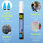 Liquid chalk markers 12 neon erasable Whiteboards, glass boards, chalkboards, windows, mirrors, car windshields, auto, glass. Odorless, non-toxic. Wet or dry erase. Thick and thin tip