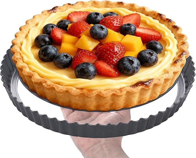 DATANYA Tart Pans with Removable Bottom 10 Inch Quiche Pan, Heavy Duty Carbon Steel Round Non-stick Fluted Pie Tart Pan for Mousse Cakes, Christmas Dessert Baking (10.2 Inch 1pc)