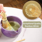 Matcha Tea Set, 5-Piece Ceramic Matcha Bowl & Whisk Kit with Cute Cat Pattern, Traditional Japanese Chawan, Scoop & Sifter, Perfect for Tea Ceremony, Gift for & Tea Lovers (Purple;)