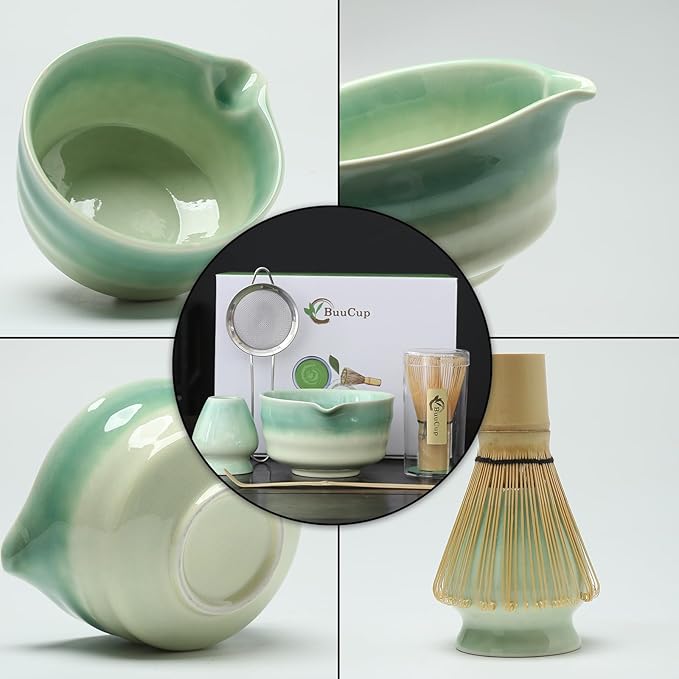 Japanese Matcha Set, Matcha Bowl with Spout, Matcha Whisk and Holder, Bamboo Matcha Scoop and Stainless Steel Sifter - 5 Pcs Gradient Green Matcha Kit for Matcha Lover
