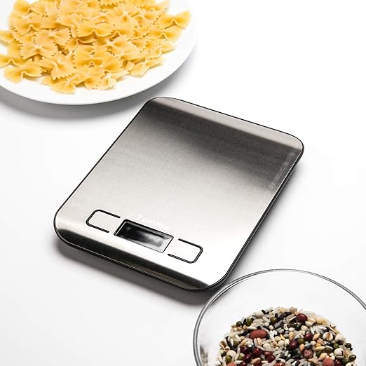 Digital Kitchen Food Scale 11 lb Grams and Ounces Small Stainless Steel Backlit Silver Batteries Included
