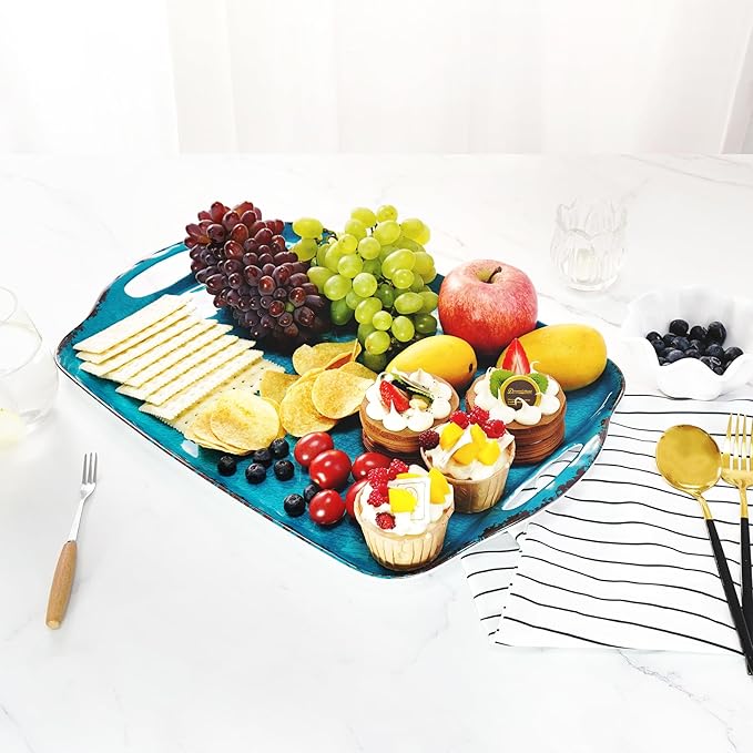 TP Serving Trays with Handles, 19 Inch Large Rectangular Melamine Serving Platter Set of 2, Retro Teal