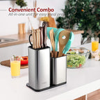Knife Holder and Utensil Holder - Stainless-Steel Modern Rectangular Design Universal Knife Block and Kitchen Utensils Organizer for Counter-top