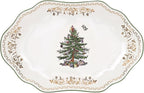 Spode Christmas Tree Gold Medium Oval Platter, 13-Inch Fine Porcelain - Nostalgic Holiday Serveware, Decorative Christmas Tree Pattern with Gold Rim - Dishwasher, Freezer Safe - Festive Table Decor