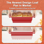 2 Packs of Collapsible Silicone Bread Loaf Pan With Foldable Function and Metal Reinforced Frame,Rectangular Non-Stick Baking Mold Pans for Oven, Bread, Cake, Easy Release(9"x4"x2.5", Red, 2 Pieces)