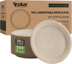 Vplus 500 Pack Compostable Disposable Paper Plates 10.25 inch Super Strong Paper Plates 100% Bagasse Natural Biodegradable Eco-Friendly Sugarcane (nature)