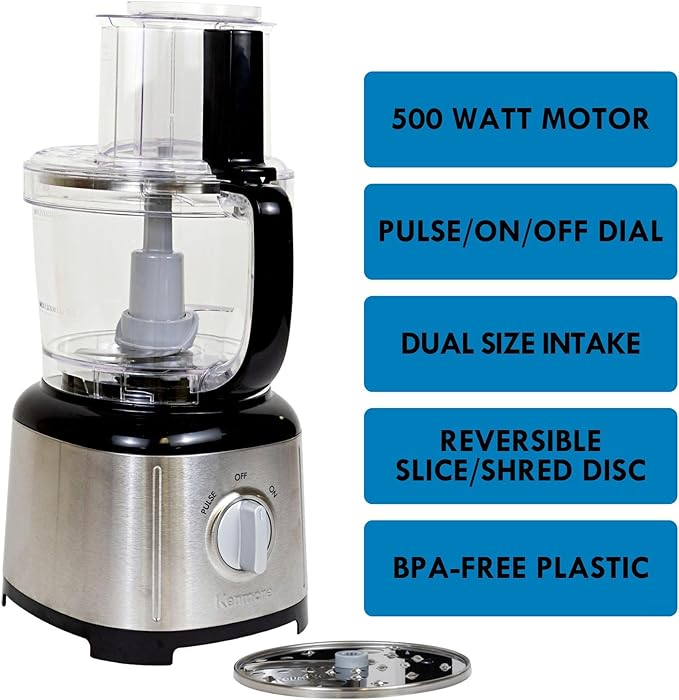 Kenmore 11 Cup Food Processor - Vegetable & Fruit Salad Cutter, Multifunctional, Chopper, Clicer, Mincer, Puree, Grater, Blades, Shredder, Compact Stainless Steel Kitchen Appliances, 500 W Black