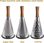 Cone Cheese Grater with Handle Stainless Steel Triple Function Wood Handle Parmesan Shaver Non-Slip Rubber Bottom Hand Held Multifunction Vegetables Cheese Grater with container (L: 10.6" X 4.7")