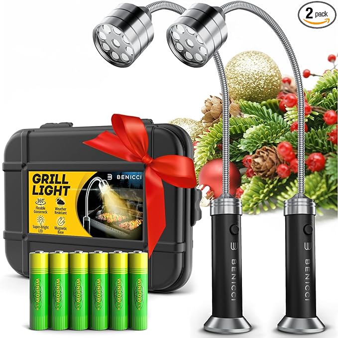 Flexible LED BBQ Grill Lights Set of 2 - Perfect Grilling Accessories Light with 360-Degree Magnetic Base and Extra Long Gooseneck - 100% Portable Outdoor Lamp w/ 6 Batteries Included