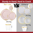 Nervure 350PCS Pink Plastic Plates - Pink Dinnerware Sets for 50 Guests - 100 Disposable Plates, 150 Gold Plastic Silverware, 50 Cups, 50 Napkins for Wedding & Party