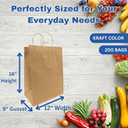 ASSUREPAK DIY Paper Bags - 200 units - Kraft Color - 12"x9"x16" - 74 LB (110 GSM strong) Twisted Handle - Kraft/Natural - Recyclable Food & Supermarket Bags for Decorating & Branding