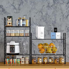 Expandable Kitchen Cabinet Shelf Organizers 2 Pack, Stackable Metal Pantry Storage Shelves Rack, Adjustable Counter Shelf for Cabinets, Countertop, Cupboard Organizers and Storage, Black