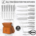 imarku Kitchen Knife Set, 15 Piece Premium Knife Block Set, Dishwasher Safe Knives Set for Kitchen, Razor Sharp Japanese Knife Set with Built-in Sharpener, Ergonomic Handle, Brown