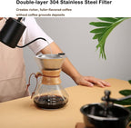 Pour Over Coffee Maker with Reusable Stainless Steel Filter, 27 oz Borosilicate Glass Coffee Carafe, Wooden Collar, Coffee Maker Carafe, Hold 4-6 Cups, 800 ml, Clear