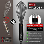 Walfos Silicone Whisk,Stainless Steel Wire Whisk Set of 3 -Heat Resistant 480°F Kitchen Whisks for Non-stick Cookware,Balloon Egg Beater Perfect for Blending,Whisking,Beating,Frothing & Stirring,Black