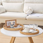 Round Rattan Tray with Mother of Pearl Inlay, Rattan Serving Tray with Wooden Base, Decorative Wicker Basket for Table Decor, Storage and Display of Coffee Bread Food Fruit (Plume 13.5")