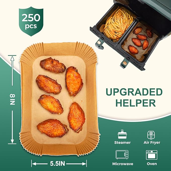 Air Fryer Liners Disposable for Dual Basket, 250Pcs 8x5.5 Inch Rectangular Parchment Paper for Ninja DZ201 DZ401, Chefman/COSORI 2-Basket Air Fryer, Oil Proof Baking Paper Sheets by Vailnd