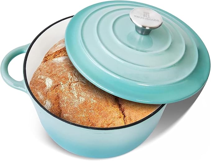 Trustmade 4.5 QT Cast Iron Dutch Oven, Enamel Coated Cookware Pot with Self Basting Lid for Home Baking, Braiser, Cooking, Aqua