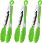 Mini Tongs with Silicone Tips 7 Inches Silicone Cooking Tongs, Set of 3 (Green)