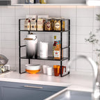 Expandable Kitchen Cabinet Shelf Organizers 2 Pack, Stackable Metal Pantry Storage Shelves Rack, Adjustable Counter Shelf for Cabinets, Countertop, Cupboard Organizers and Storage, Black