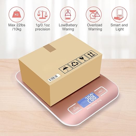 Digital Shipping Scale,Stainless Steel Panel, Accurate 10kg/1g Portable Postal Scale for Packages, Small Business,Kitchen, Food, Handmade, Liquids, and Boutique (Rose Gold)