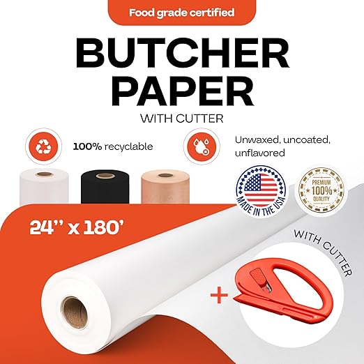 White Butcher Paper 24" x 2160" (180 feet) with Cutter - USA-Made Natural Butcher Paper Roll for Meat & Fish - Uncoated, Unwaxed & Food-Grade Material for Smoker, Grilling & BBQ by IDL Packaging