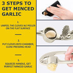 Premium Garlic Press Stainless Steel - Elevate Your Culinary Experience with Our Premium Garlic Mincer, Crusher & Peeler Set, Dishwasher Safe & Rust-proof (Imperial Silver)